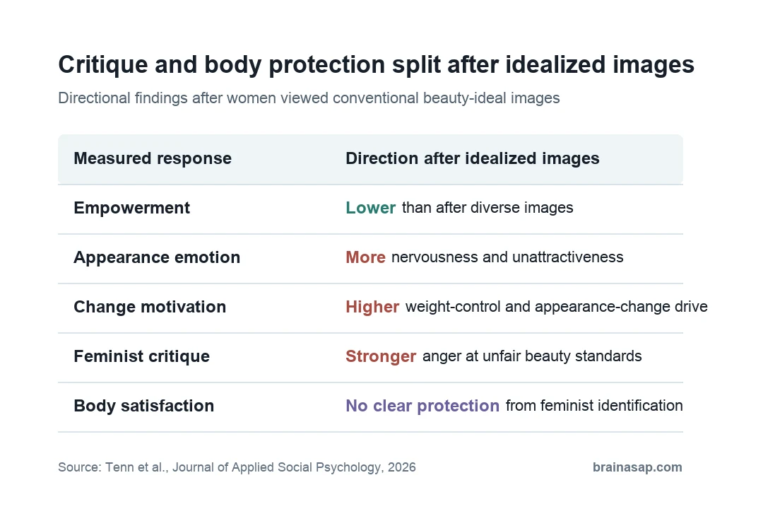 Brain ASAP matrix showing that feminist identity increased critique of idealized beauty images without protecting momentary body satisfaction