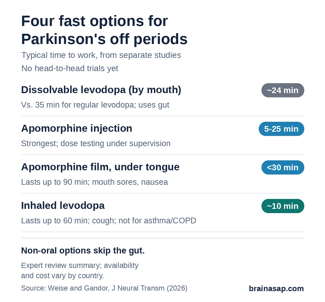 Summary chart of four on-demand Parkinson's treatments and how fast they work: dissolvable levodopa about 24 minutes to on versus 35 for regular levodopa; apomorphine injection 5 to 25 minutes; apomorphine under-the-tongue film within 30 minutes, lasting up to 90; inhaled levodopa within about 10 minutes, lasting up to 60.
