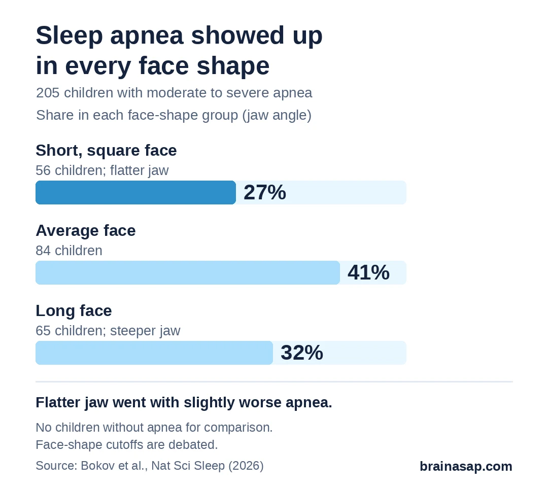 Bar chart of face shape in 205 children with moderate to severe sleep apnea: short, square face 27% (56 children), average face 41% (84), long face 32% (65).