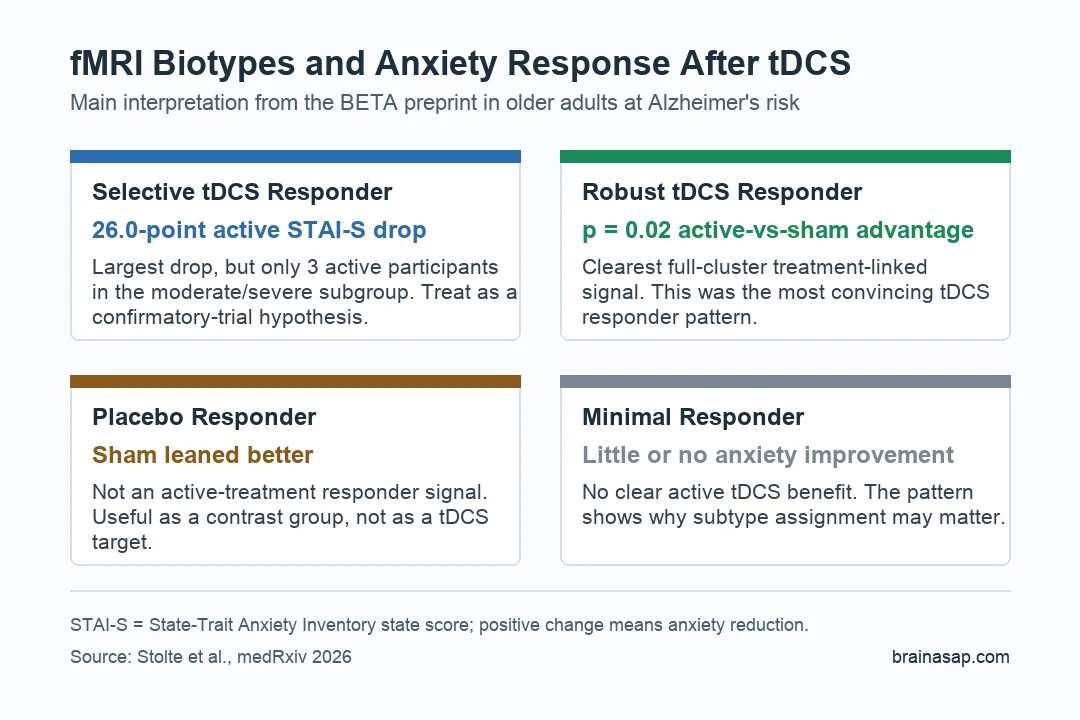 Brain ASAP chart comparing anxiety response patterns across four fMRI biotypes after active and sham tDCS