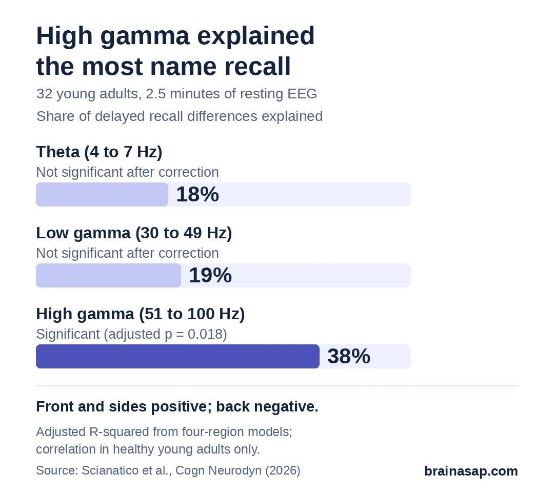 Bar chart of how much of the person-to-person difference in delayed face-name recall each resting brain rhythm explained in 32 young adults: theta 18%, low gamma 19%, high gamma 38%. Only high gamma was significant after correction for multiple tests.