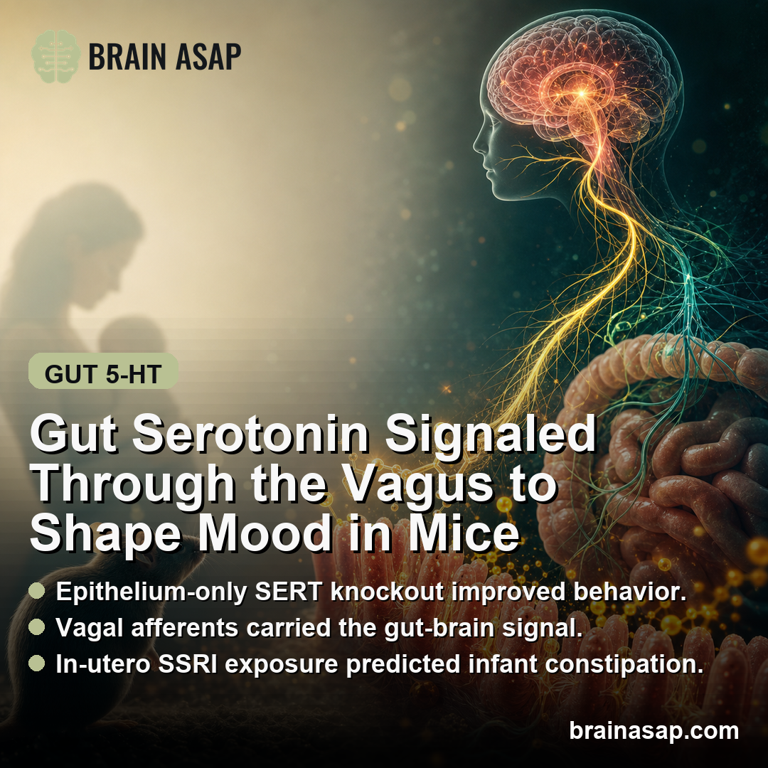 Intestinal Epithelial Serotonin Reduced Anxiety and Depression-Like Behavior via Vagus in Mice; In Utero SSRI Linked to Infant Constipation