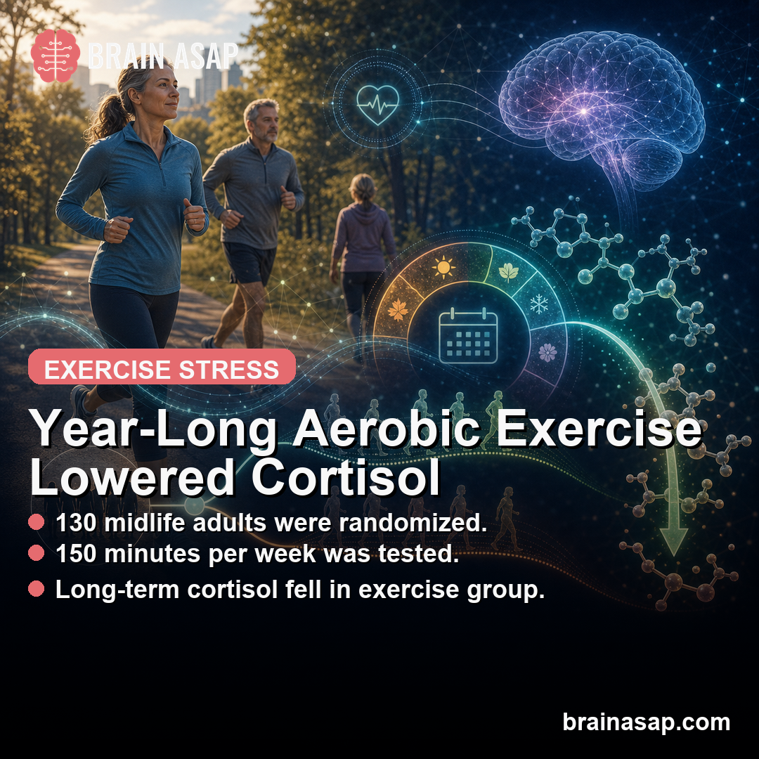 Year-Long Aerobic Exercise Lowered Long-Term Cortisol in Midlife Adults: First Randomized Trial Mapping Cause and Effect