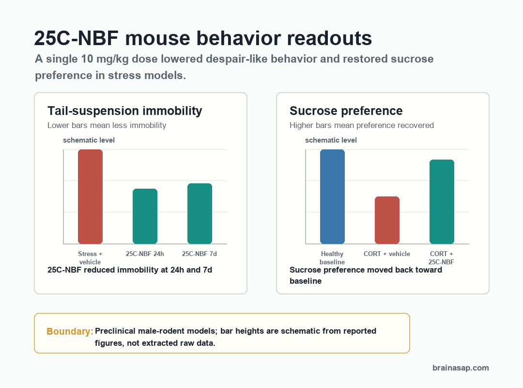 Two-panel bar chart. Panel A shows that after acute restraint stress, mice given 25C-NBF showed lower tail-suspension immobility than vehicle controls at 24 hours and 7 days. Panel B shows that after 21-day corticosterone, sucrose preference was reduced in vehicle but restored toward baseline by a single dose of 25C-NBF.