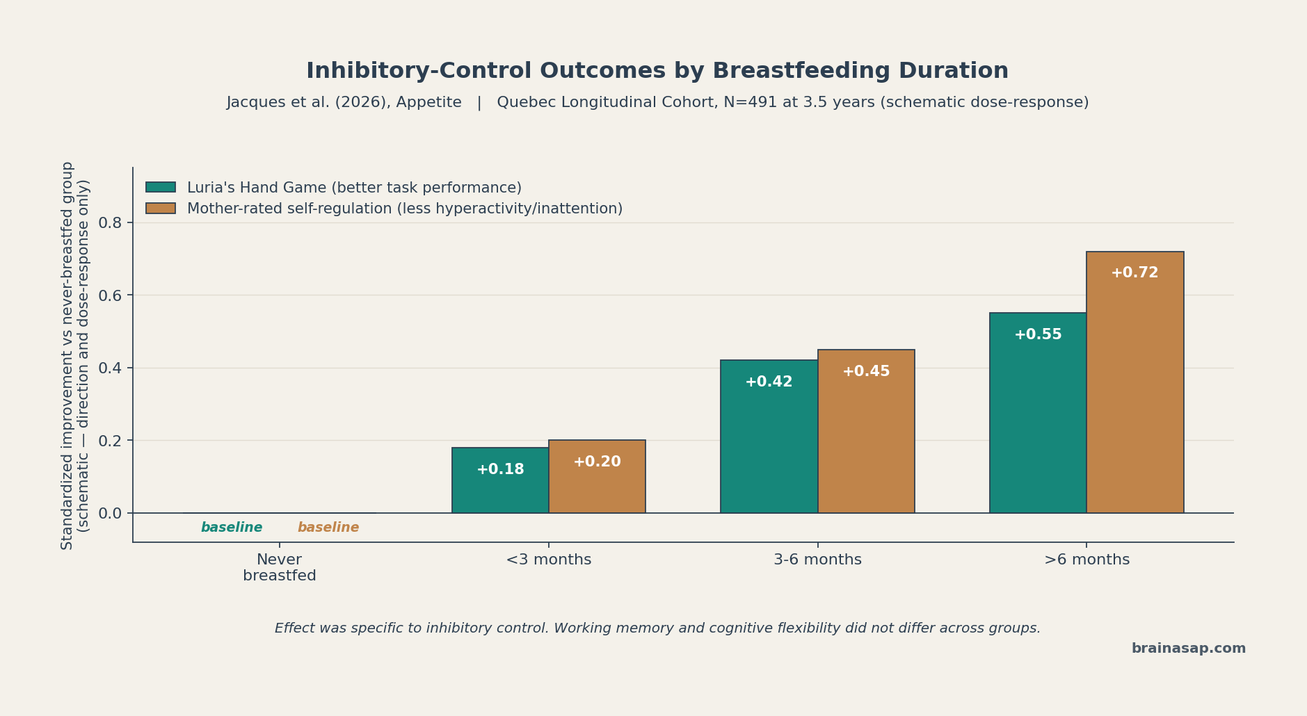 Schematic comparison of inhibitory-control outcomes across four breastfeeding-duration groups: never, less than 3 months, 3 to 6 months, more than 6 months