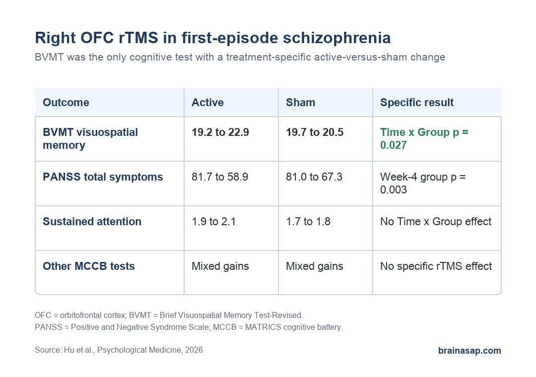 Simple table summarizing cognitive outcomes after right OFC rTMS in first-episode schizophrenia
