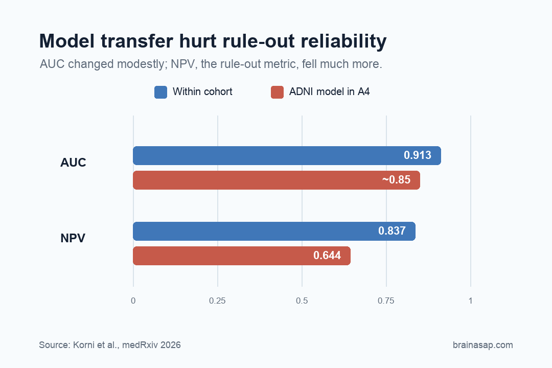 Grouped bar chart comparing AUC and negative predictive value before and after ADNI-to-A4 model transfer