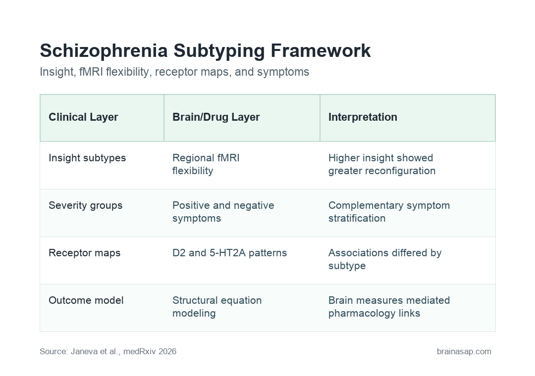 Simple matrix linking schizophrenia insight subtypes, fMRI flexibility, receptor maps, and symptom outcomes