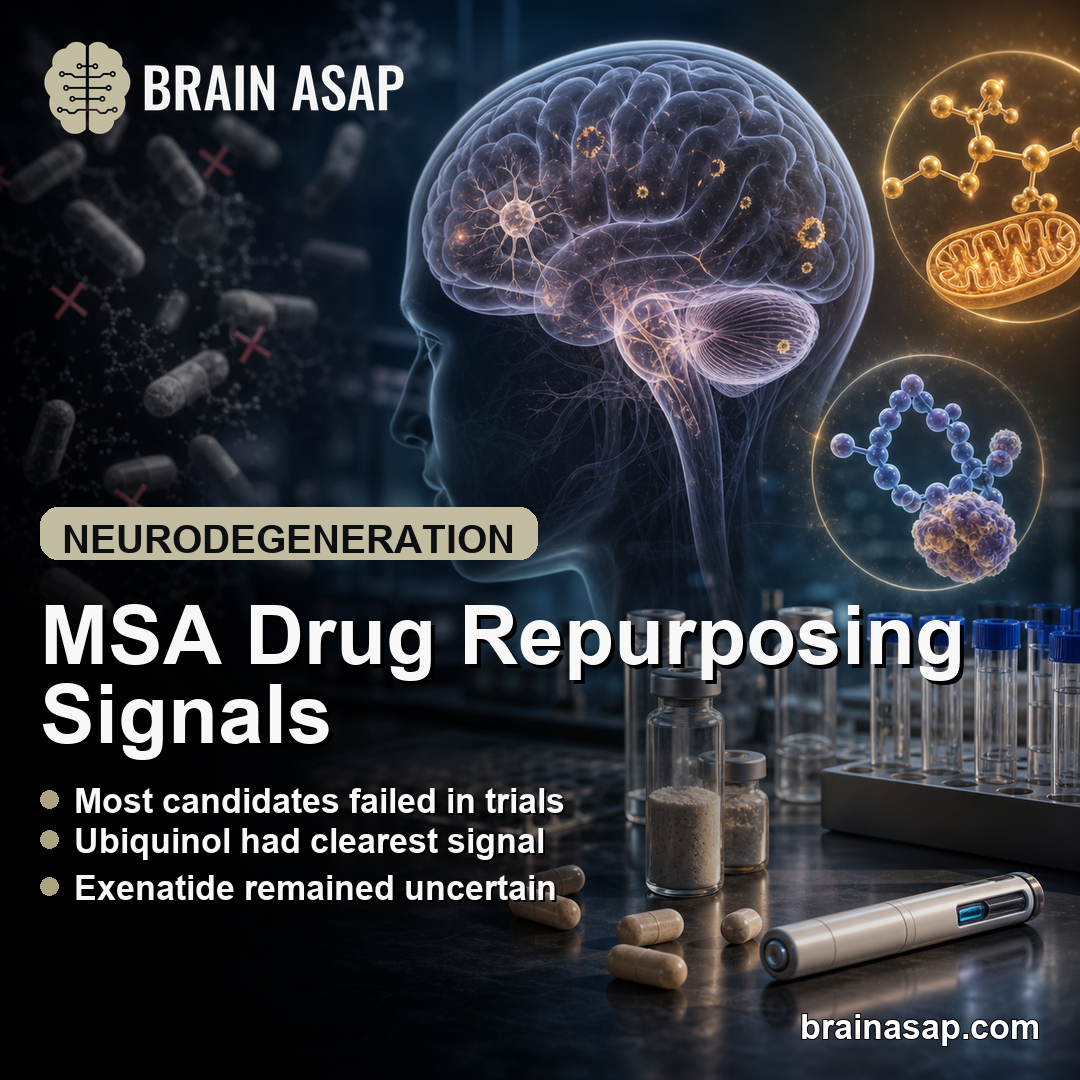 MSA Drug Repurposing Review Highlighted Ubiquinol and Exenatide Signals
