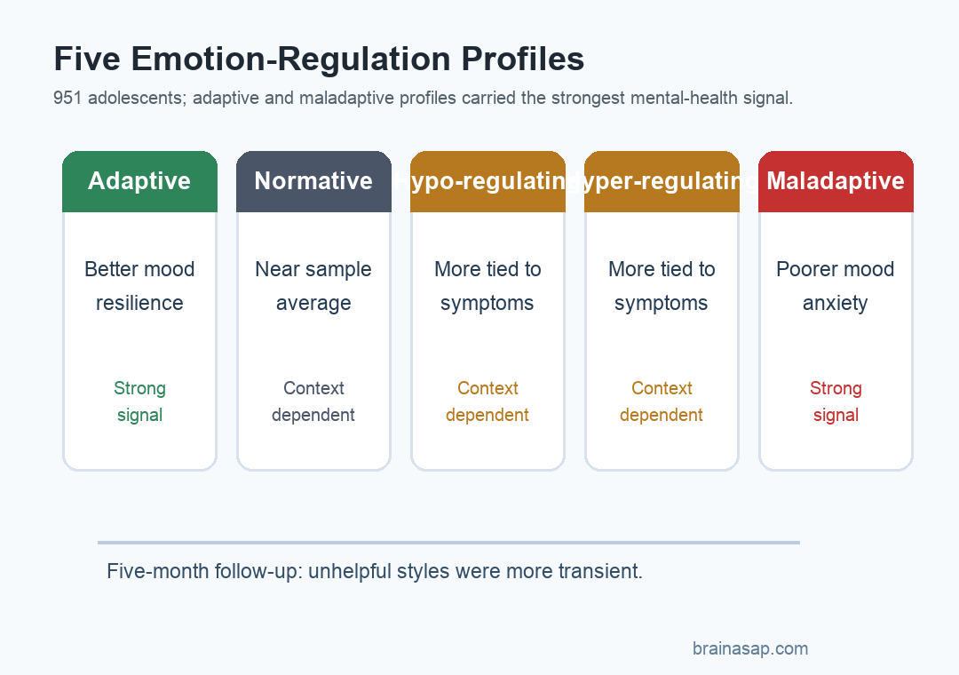 Simple matrix showing 5 adolescent emotion regulation profiles and their mental health pattern