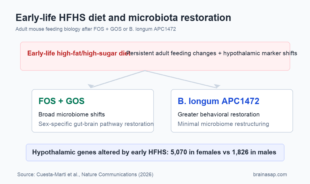 Brain ASAP visual showing early-life high-fat high-sugar diet effects and two microbiota interventions in adult mice