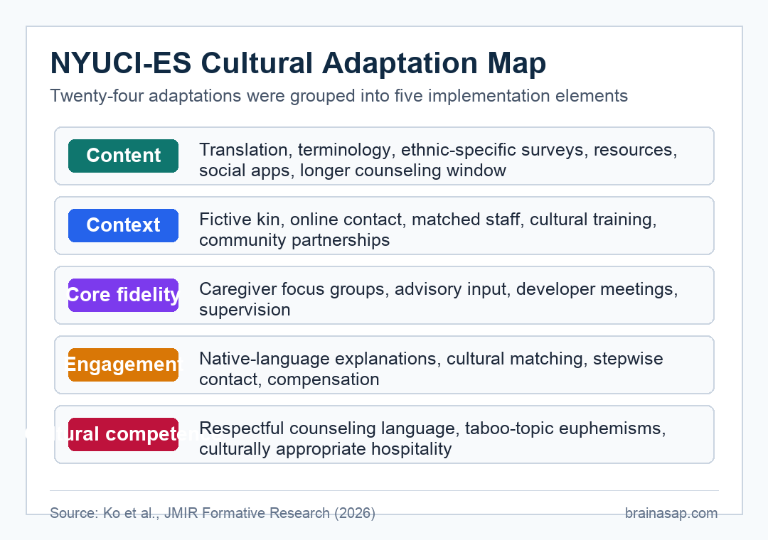 Five-domain map of cultural adaptation strategies used in NYUCI-ES for Chinese and Korean American dementia caregivers