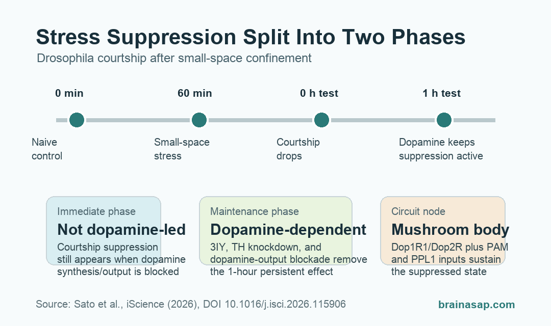 Drosophila small-space stress timeline showing dopamine-dependent maintenance of courtship suppression