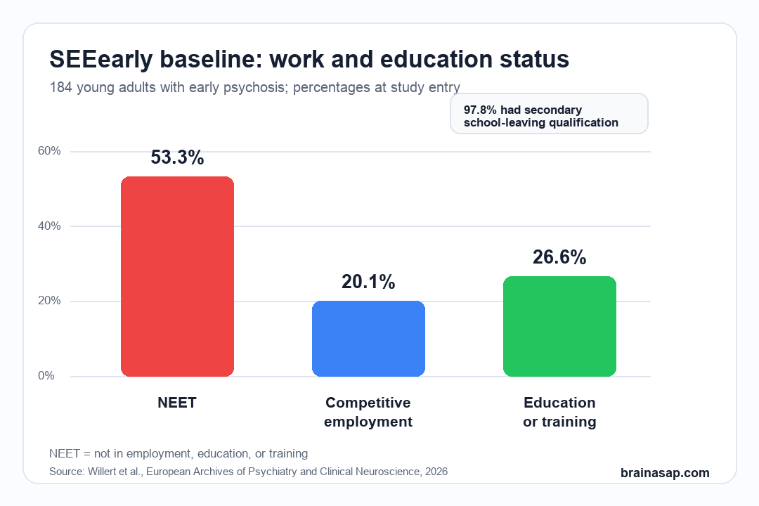 SEEearly baseline work and education status showing 53.3 percent NEET, 20.1 percent employed, and 26.6 percent in education or training