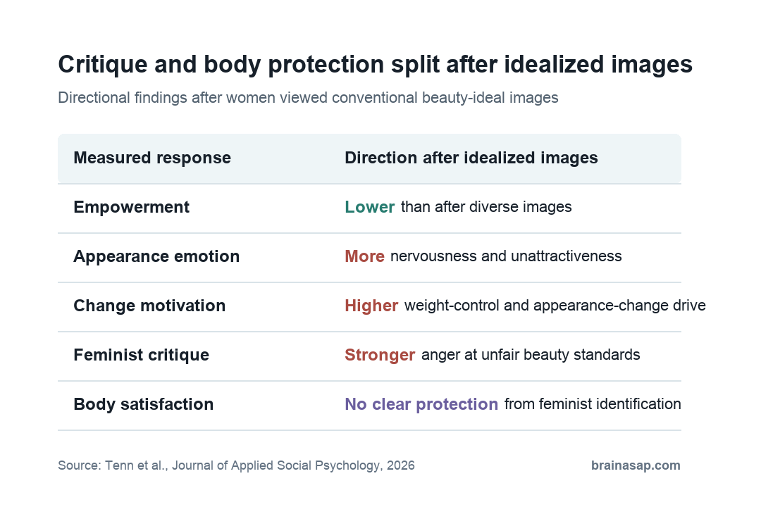 Brain ASAP matrix showing that feminist identity increased critique of idealized beauty images without protecting momentary body satisfaction
