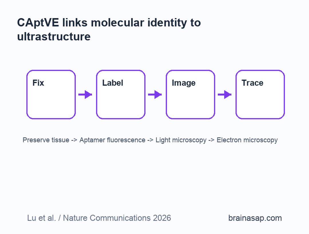 Flow diagram of CAptVE combining fluorescent aptamer labeling with electron microscopy for brain connectomics
