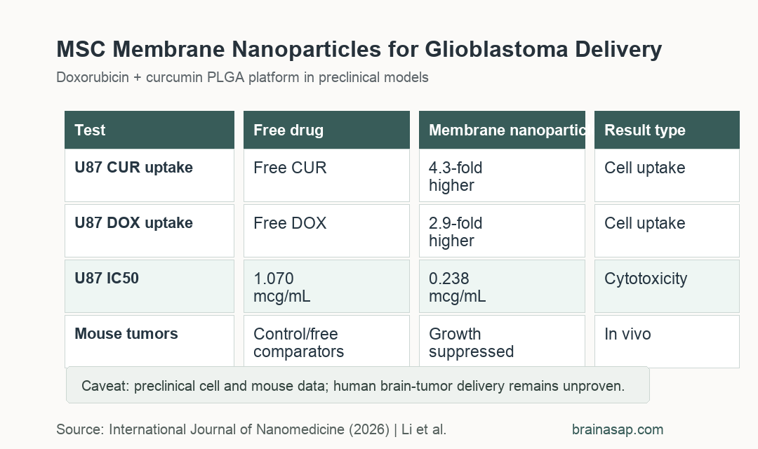 MSC membrane-coated nanoparticle glioblastoma delivery study results