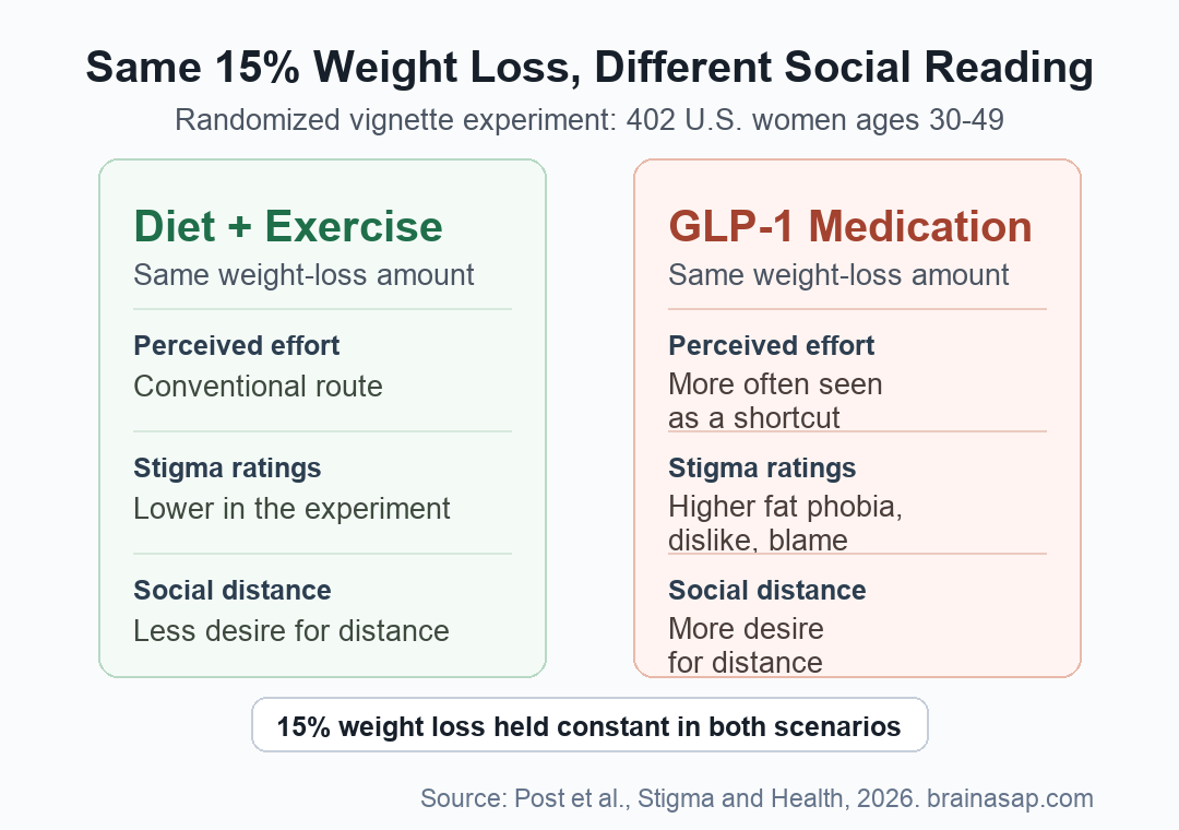 Simple comparison table showing how GLP-1 medication weight loss increased shortcut beliefs and stigma ratings compared with diet and exercise
