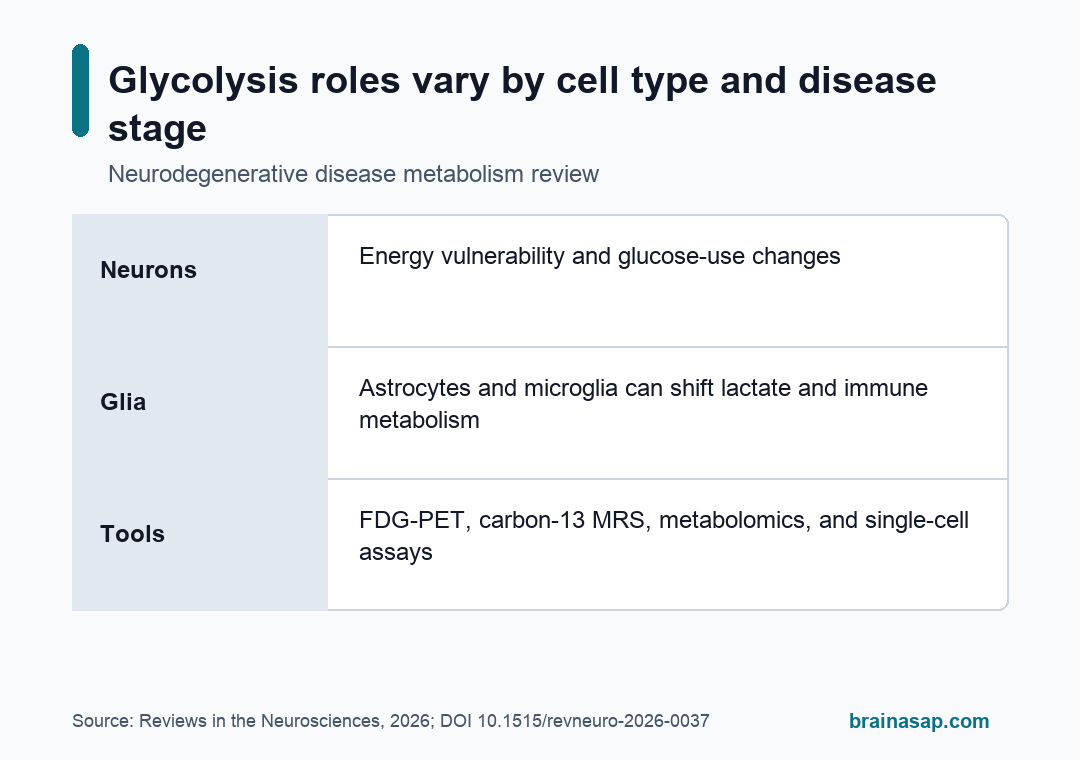 Matrix showing how glycolysis changes can differ across brain cell types in neurodegenerative disease