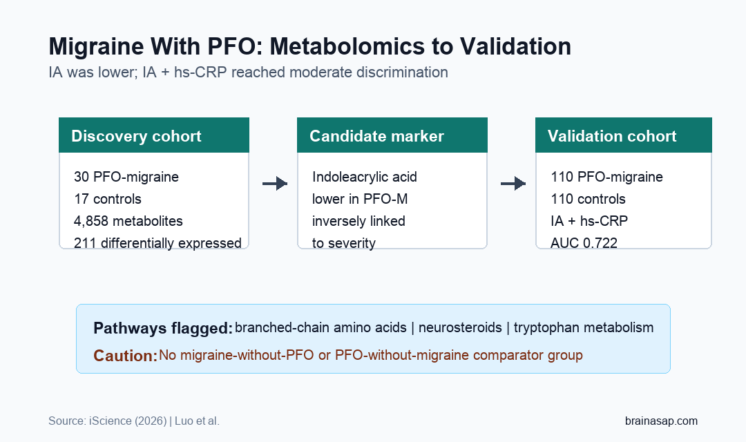Two-stage PFO migraine metabolomics study showing discovery metabolites and IA plus hs-CRP validation