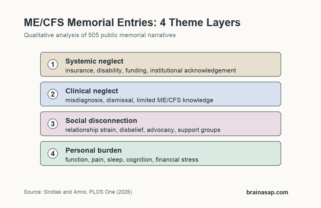 Layered qualitative themes from 505 ME/CFS memorial entries