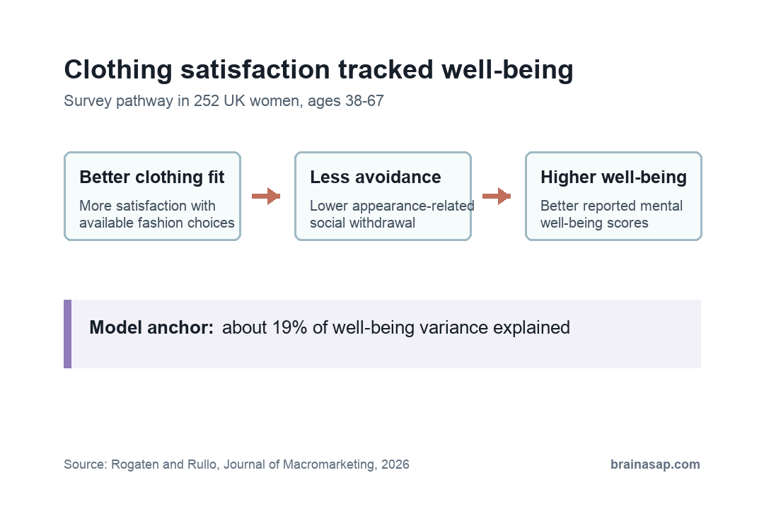 Brain ASAP pathway graphic showing clothing satisfaction linked to well-being partly through lower social avoidance