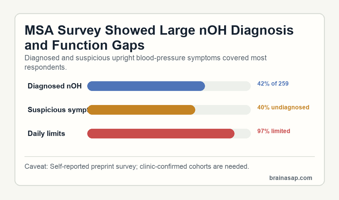 Survey summary showing diagnosed and suspected neurogenic orthostatic hypotension burden in multiple system atrophy