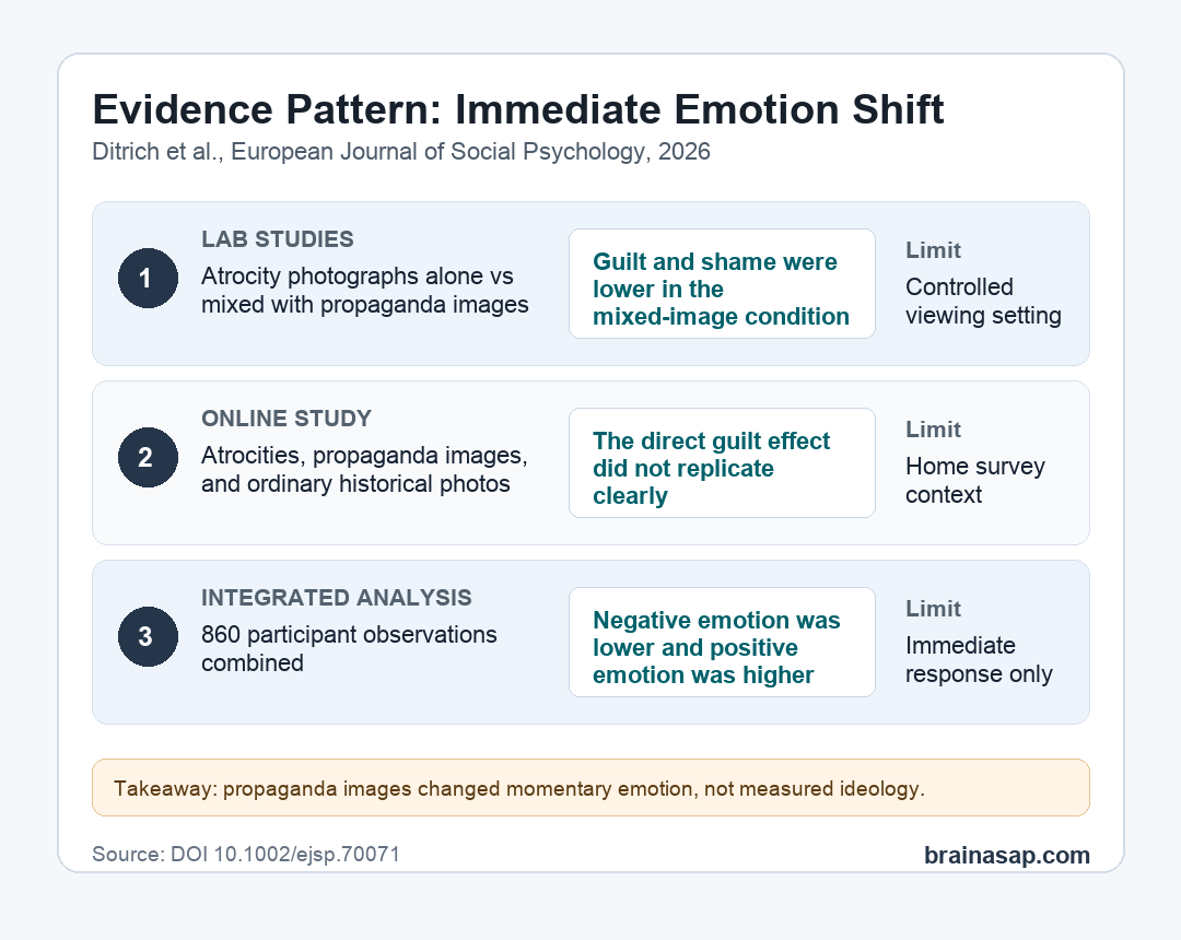 Study sequence showing lab guilt reductions, online non-replication, and combined emotional shift