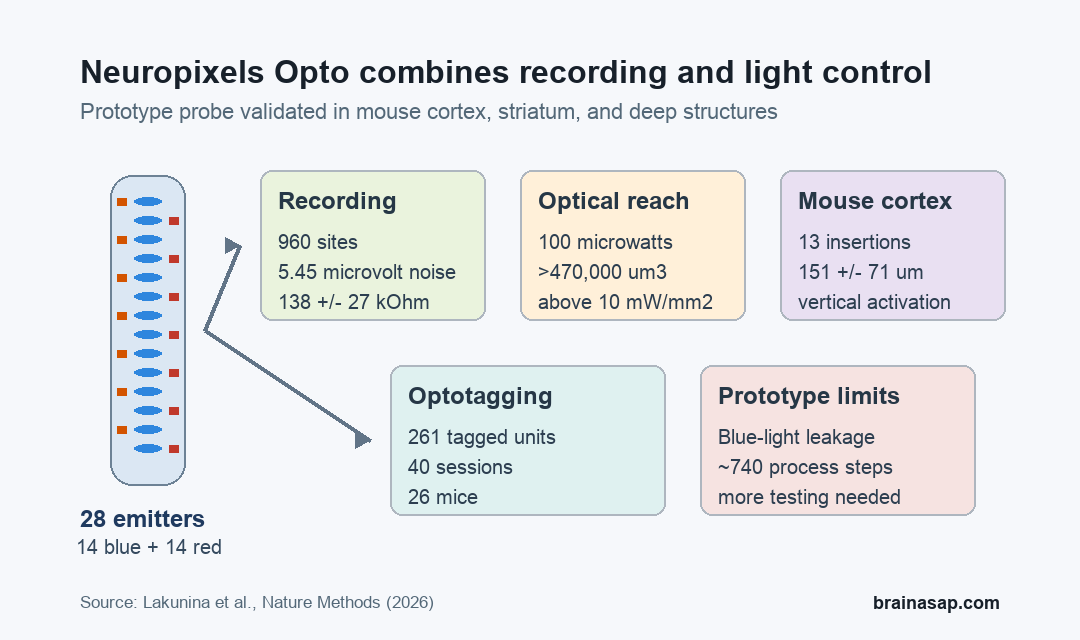 Neuropixels Opto probe specs and validation results for recording and optogenetic stimulation