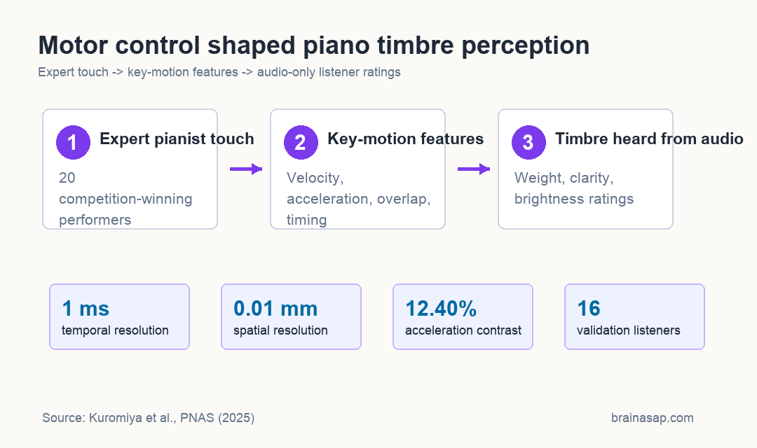 Brain ASAP visual showing piano timbre perception linked to key movement features and listener ratings
