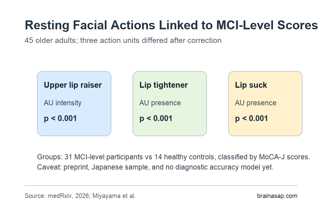 Three facial action unit measures linked to MCI-level scores: upper lip raiser intensity, lip tightener presence, and lip suck presence, each with p less than 0.001.