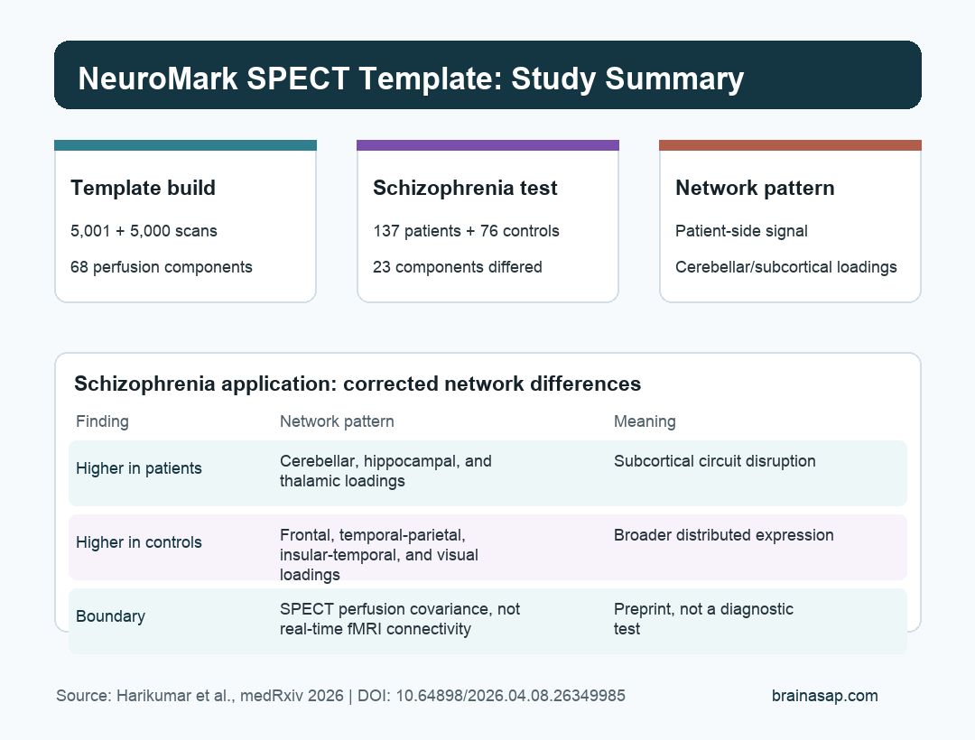 BrainASAP inline figure summarizing the NeuroMark SPECT template build and schizophrenia network findings