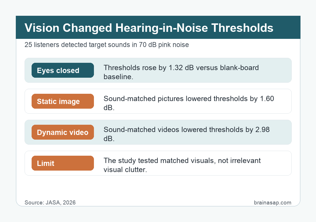 Brain ASAP visual summary for pictures and videos tied to sound sources during hearing in noise