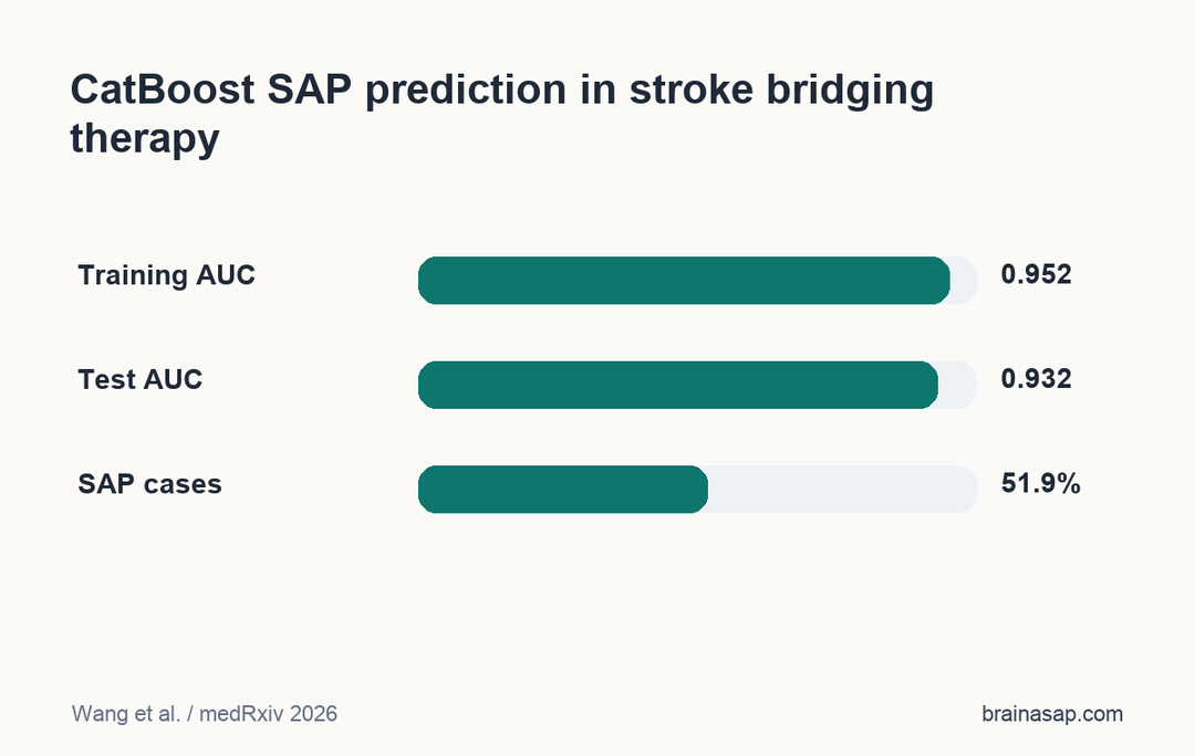 Bar chart summarizing CatBoost pneumonia prediction performance in stroke bridging therapy