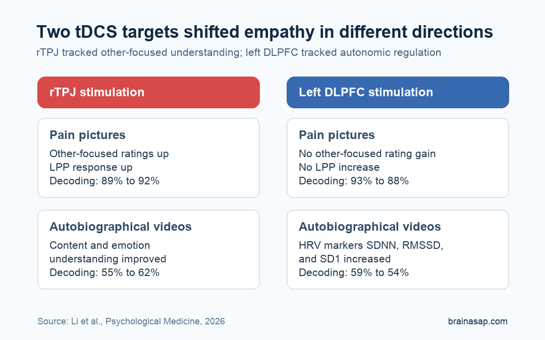 Comparison chart showing rTPJ stimulation increasing cognitive empathy and lDLPFC stimulation increasing autonomic regulation