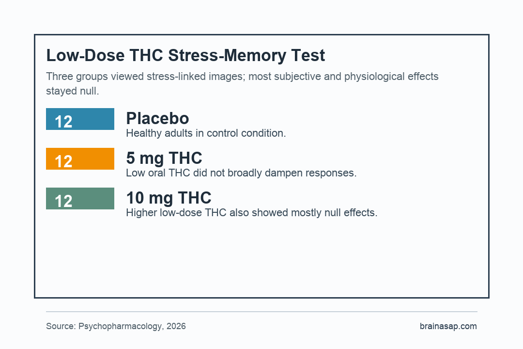 Simple comparison of placebo, 5 mg THC, and 10 mg THC showing mostly null stress-memory response effects