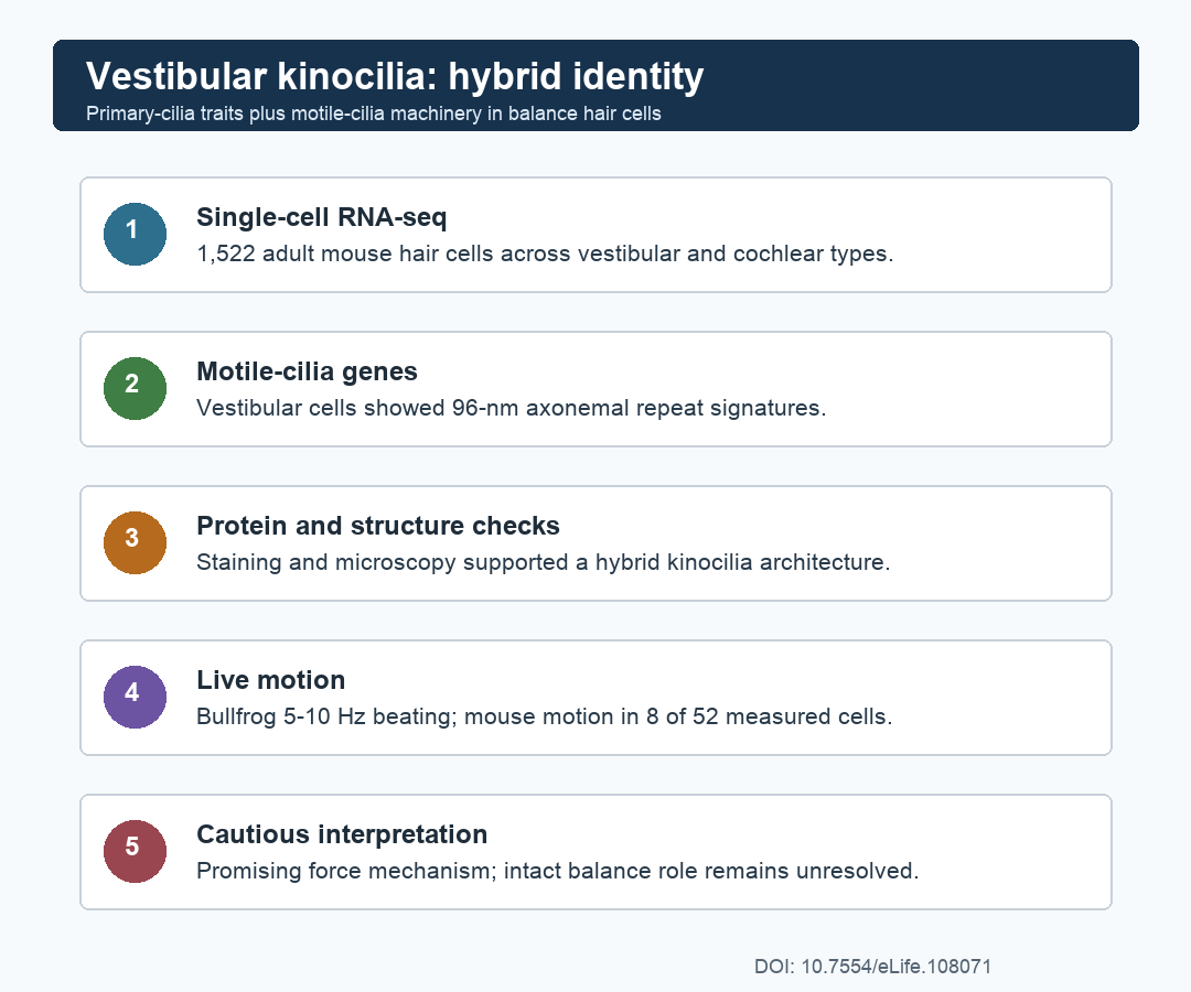 Evidence path showing single-cell RNA-seq, motile-cilia genes, protein staining, live motion, and cautious interpretation for vestibular kinocilia