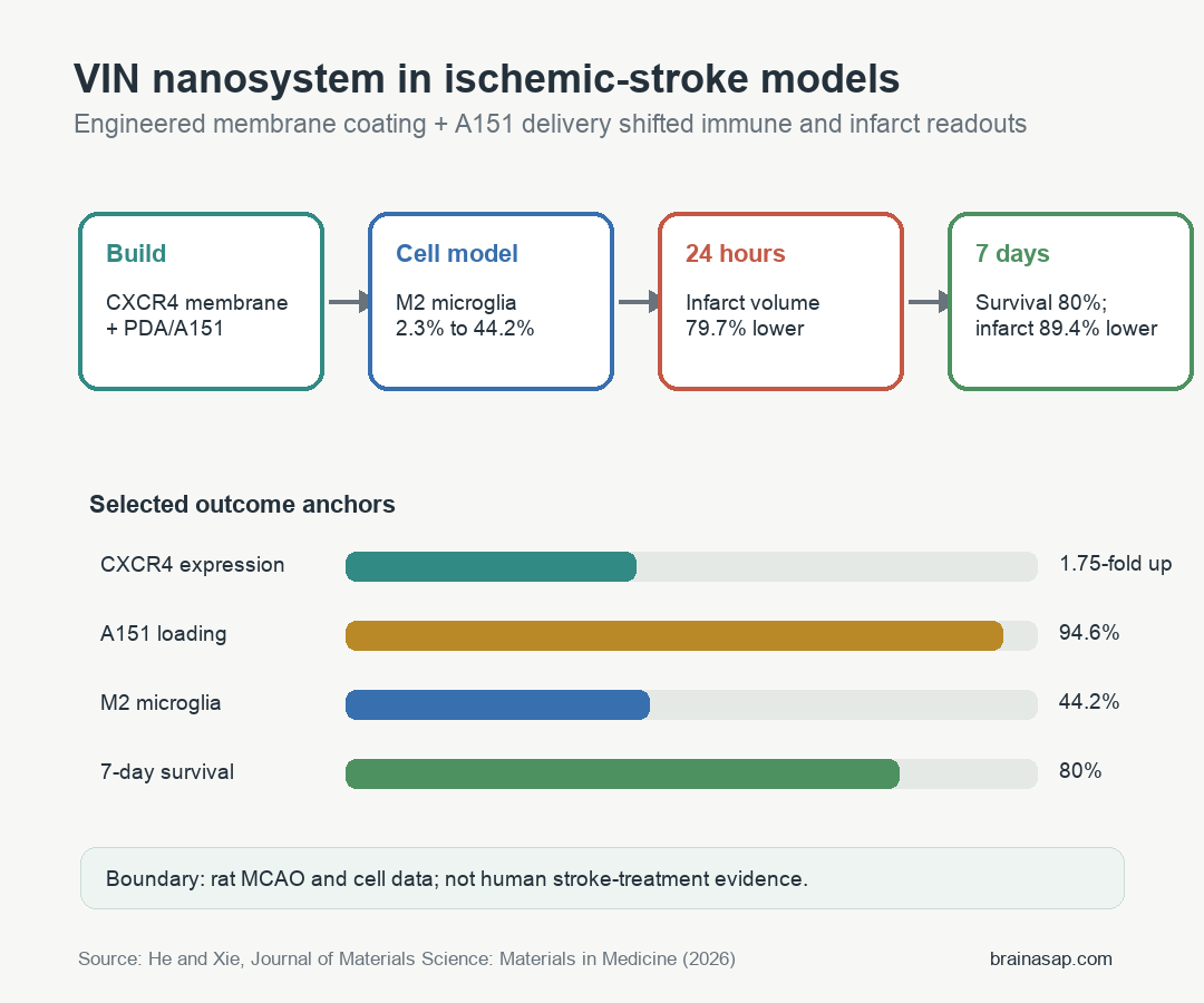 VIN nanosystem ischemic stroke rat model outcomes including CXCR4 upregulation, M2 microglia shift, infarct reduction, and survival