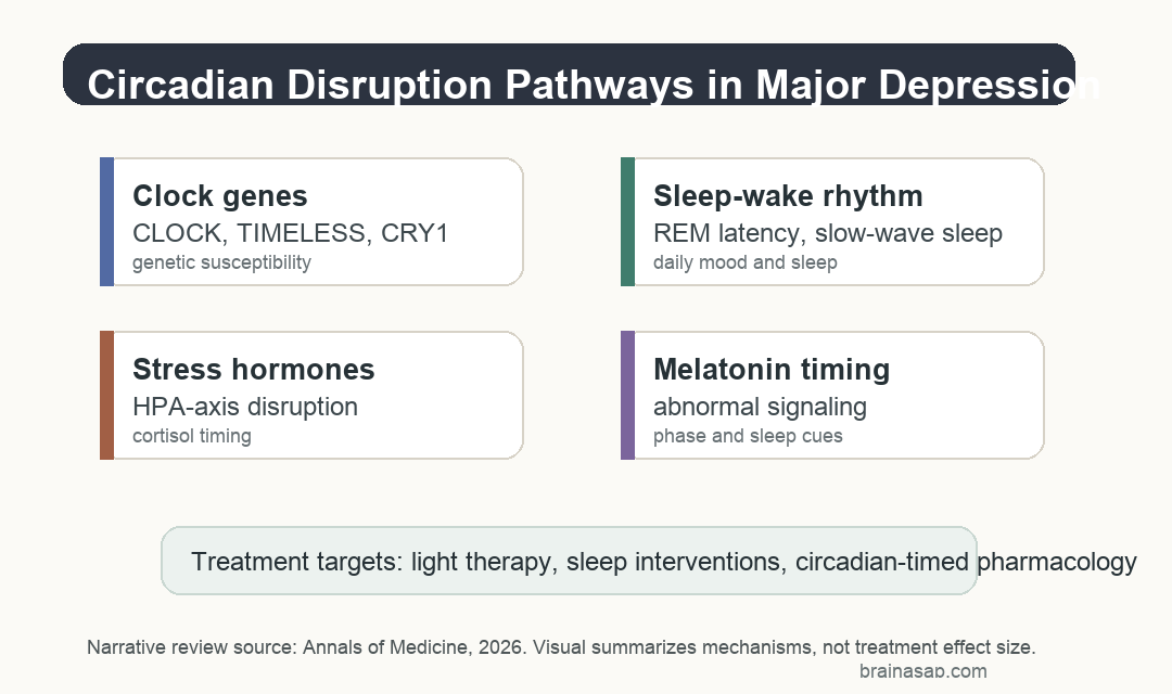 Inline visual showing clock genes, sleep-wake rhythm, HPA-axis stress hormones, and melatonin timing as circadian pathways in major depressive disorder