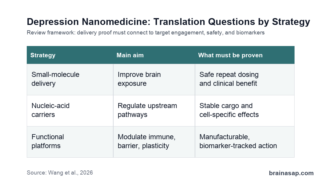 Matrix showing three depression nanomedicine strategy groups and their main translational questions