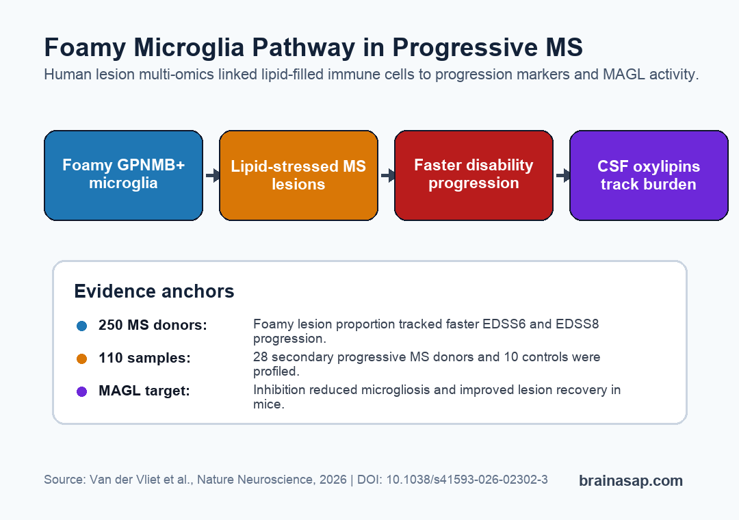 Diagram showing foamy microglia, oxylipins, MAGL activity, and cerebrospinal-fluid lipid markers in progressive multiple sclerosis lesions