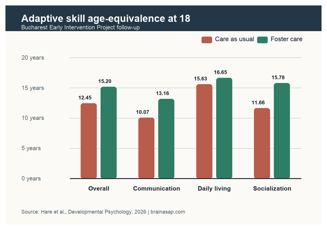 Chart comparing adaptive functioning age-equivalence scores across care-as-usual and foster-care groups.