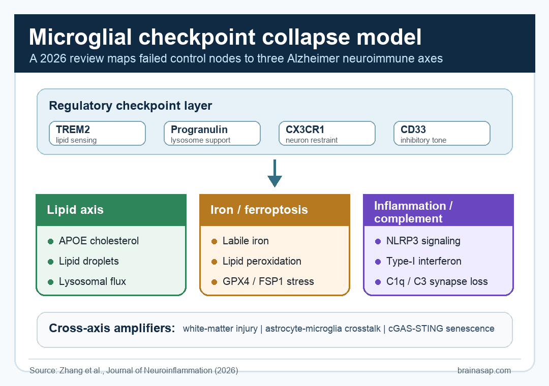 Diagram showing microglial checkpoint collapse leading to lipid, iron ferroptosis, and inflammation complement axes in Alzheimer disease