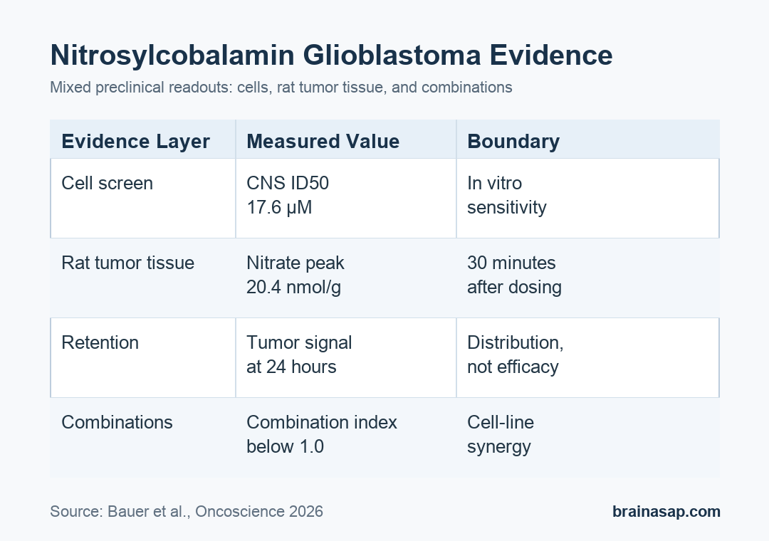 Nitrosylcobalamin glioblastoma evidence matrix showing cell sensitivity, tumor nitrate peak, retention, and synergy.