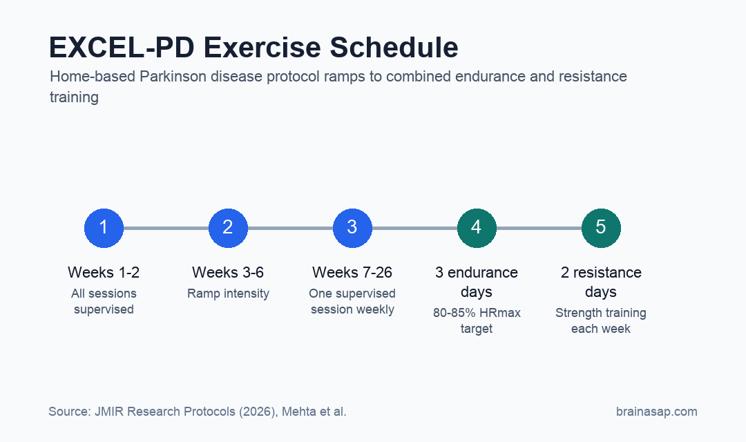 Timeline of the EXCEL-PD home exercise schedule for Parkinson disease.