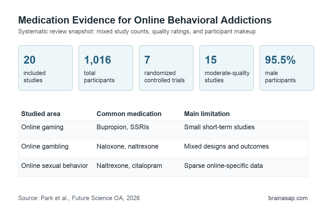 Evidence snapshot from a systematic review of medication studies for online behavioral addictions.