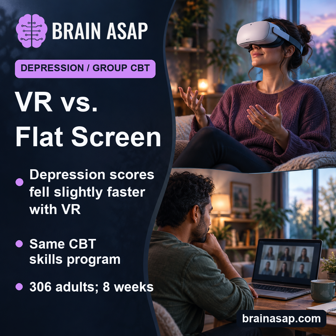 BrainASAP cover comparing an adult in a VR headset with another joining a group CBT session on a laptop.