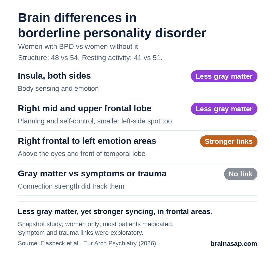 Summary chart of brain differences in women with borderline personality disorder versus comparison women: insula on both sides less gray matter; right middle and superior frontal gyrus less gray matter; right frontal to left orbitofrontal and temporal pole stronger connectivity; gray matter volume not linked to symptoms or trauma.