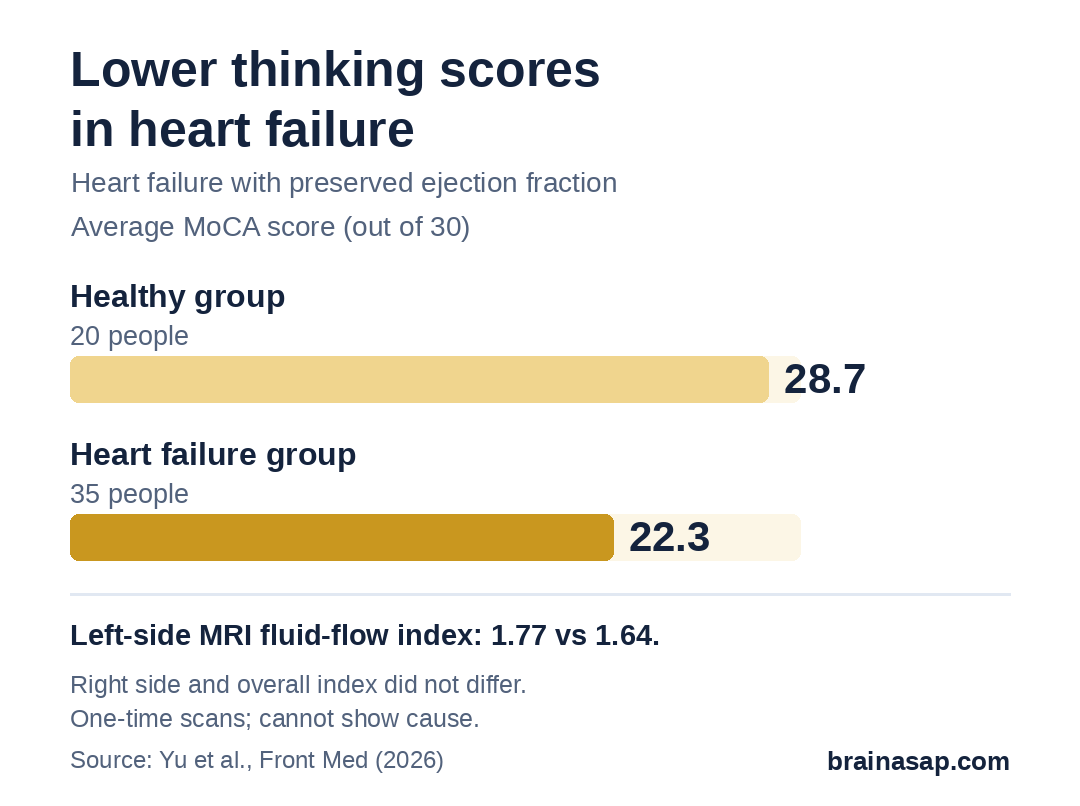 Bar chart of average MoCA thinking test scores out of 30: healthy group 28.7, heart failure with preserved ejection fraction group 22.3. Left-side MRI fluid-flow index was 1.77 vs 1.64.