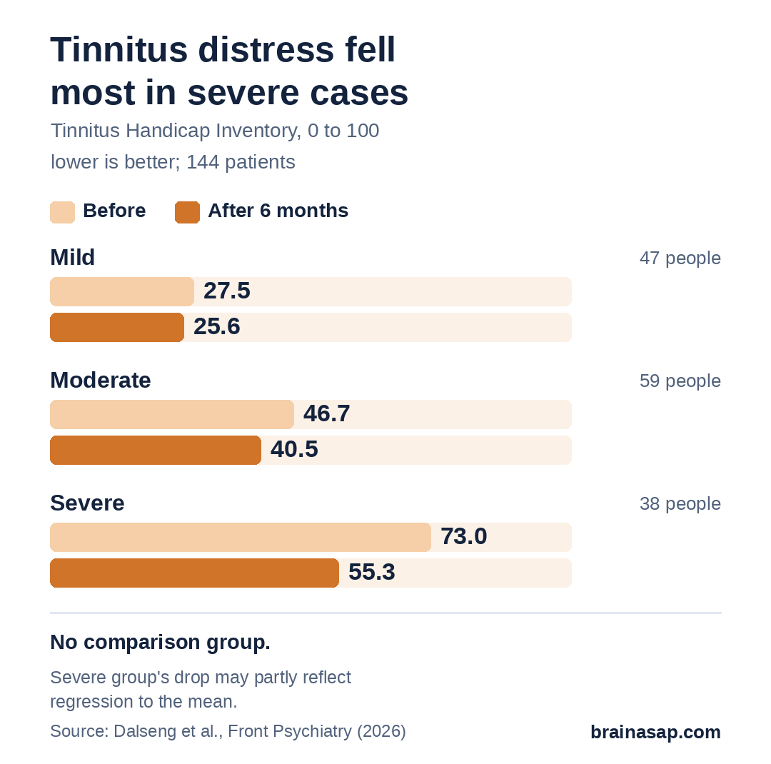 Paired bar chart of Tinnitus Handicap Inventory scores (0 to 100) before treatment and after 6 months: mild group 27.5 to 25.6; moderate group 46.7 to 40.5; severe group 73.0 to 55.3.